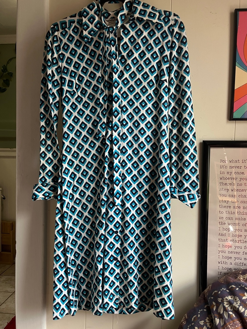 Vintage 1970s Diane Von Furstenberg Teal and White Geometric Midi Dress